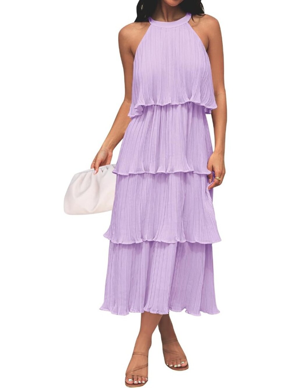 Women's Purple Summer Halter Ruffle Sleeveless Wedding Guest Midi Dresses